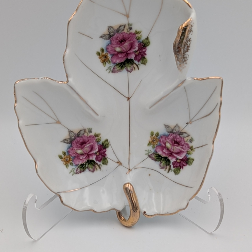 Napco Floral Leaf-Shaped Porcelain Dish with Gold Accents